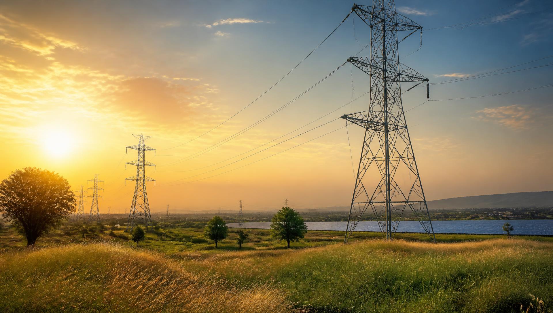 Transmission towers crossing savannah at sunrise beside a solar array